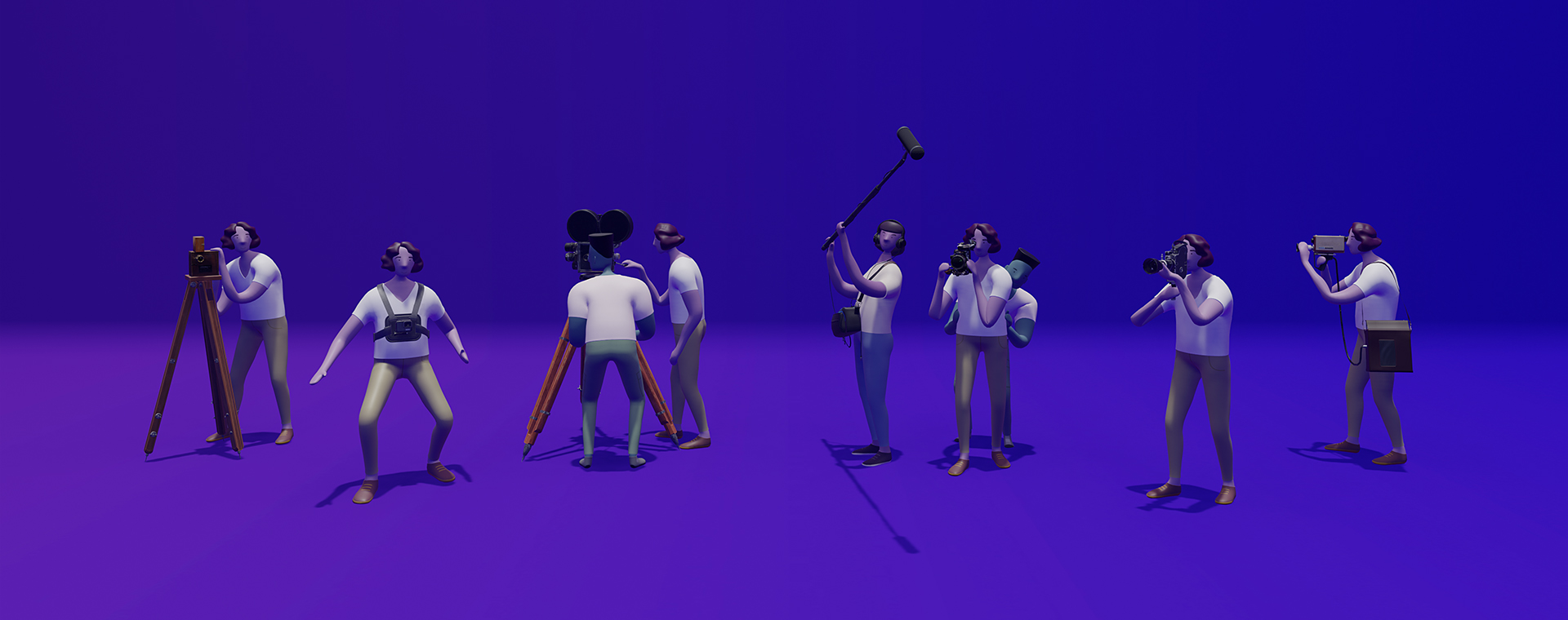 Modélisation 3D de six caméras accompagnées de six opérateurs et de trois assistants. Ils prennent la pose, prêts à tourner un film.