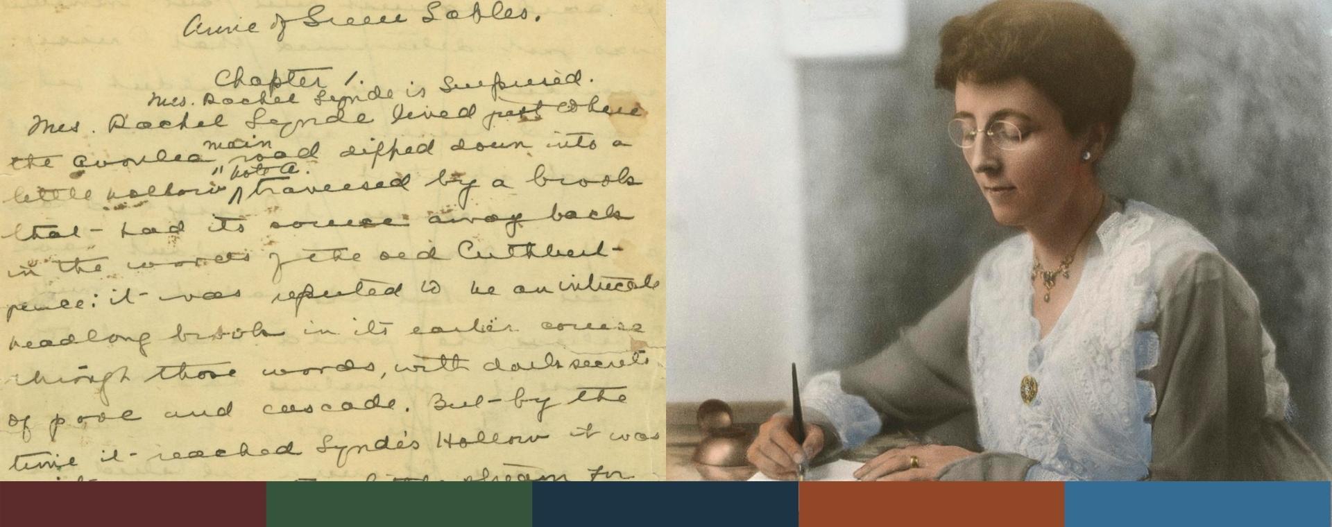 Une page manuscrite d’Anne of Green Gables et une photo d’une femme écrivant à un bureau avec un stylo plume