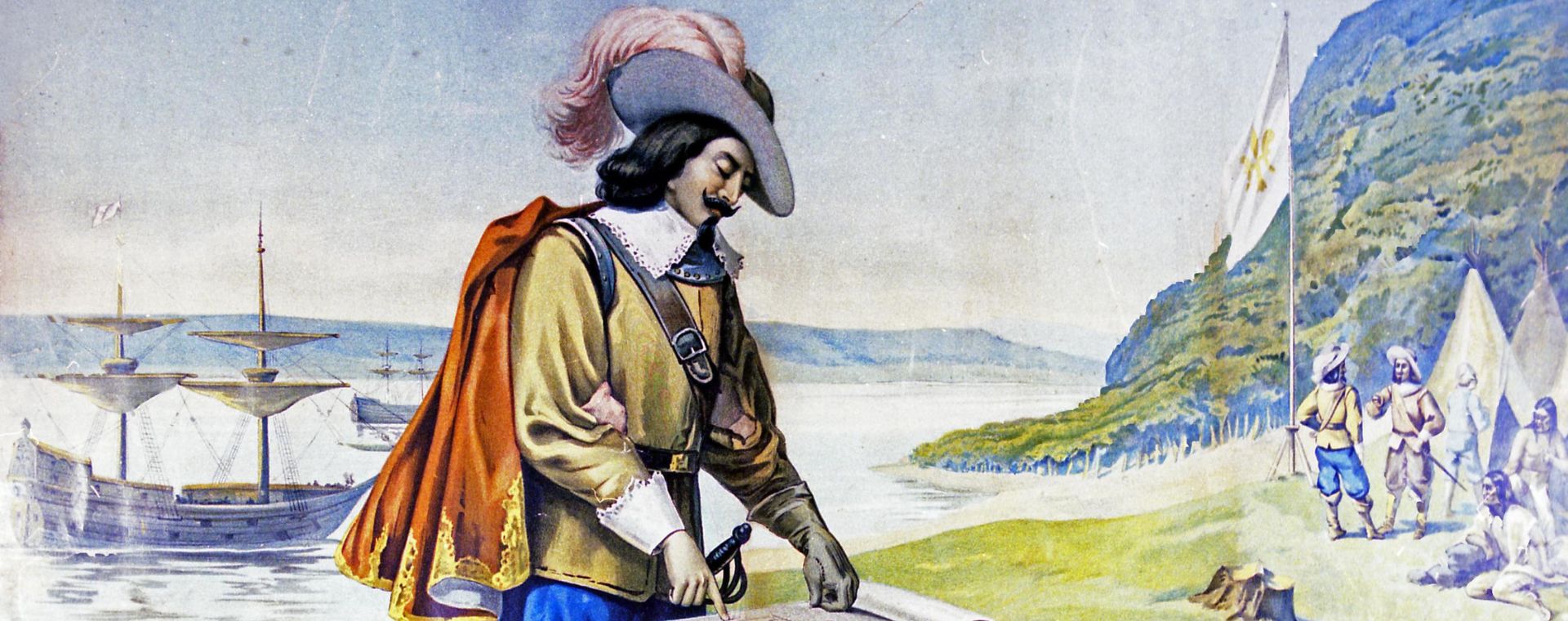Gravure représentant un homme pointant une carte. En arrière se trouvent un navire et deux canots avec des Autochtones.