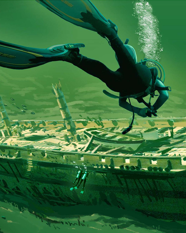 Illustration de plusieurs plongeurs nageant vers un grand site d’épave de navire